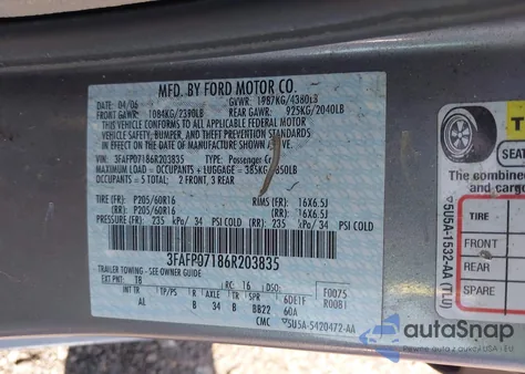 2006 Ford Fusion Se z USA, uszkodzony, nr VIN 3FAFP07186R203835